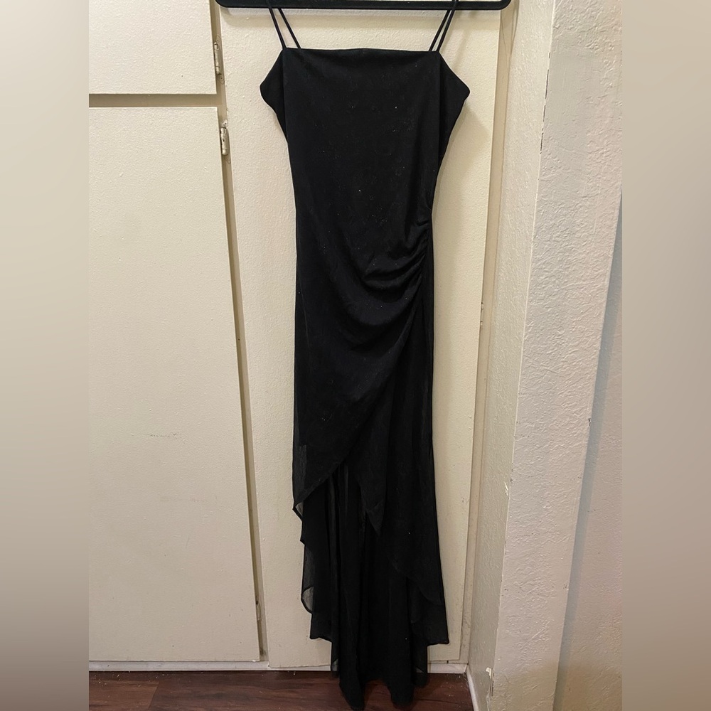 Vintage Finesse Small Black Glitter Sheer Paisley Spaghetti Strap High Low Dress